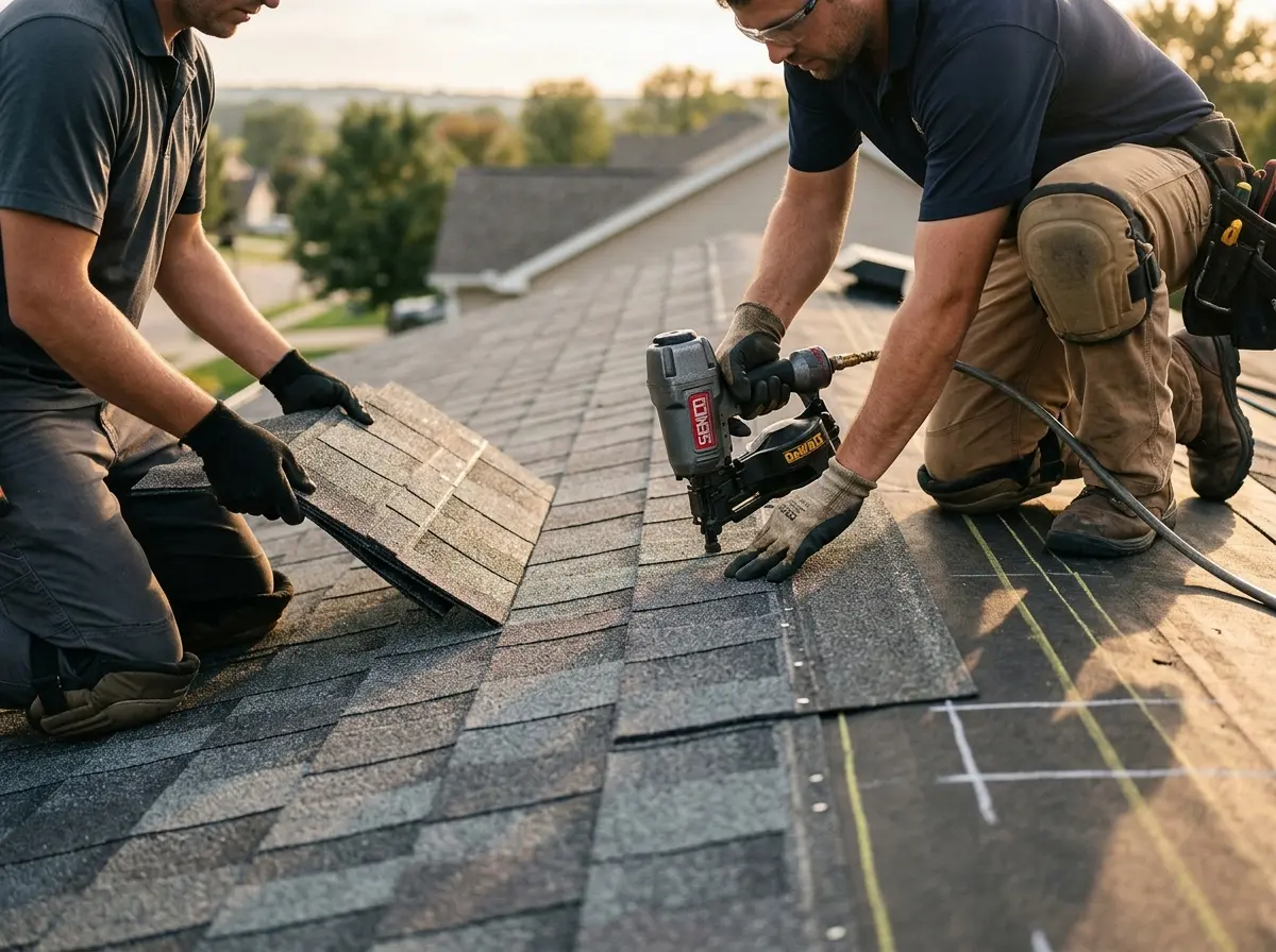 Professional roofer working on a residential roof in Norwell